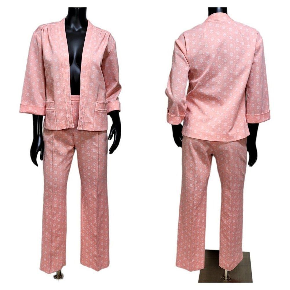 Vintage 60s Pink Floral Womens S‎ Polyester Leisure Suit Pant & Open Front Top